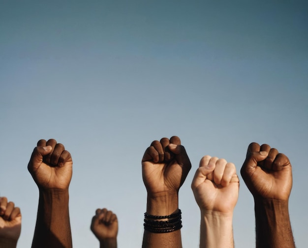 People put their fists up for multiethnic unity and equality