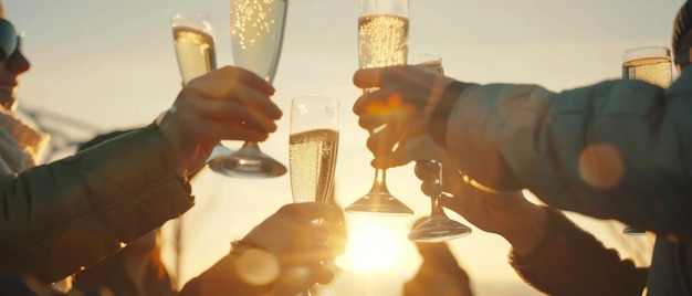 People raise their champagne glasses in a sunlit celebratory toast encapsulating a moment of joy and festivity amongst friends