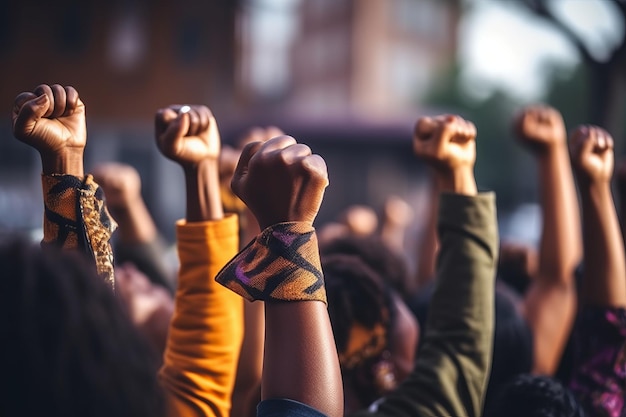 People raising their fists in the air with one of them saying'we are the people '