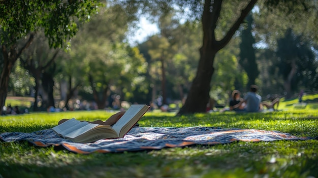 Photo people reading books on blankets spread out in the park