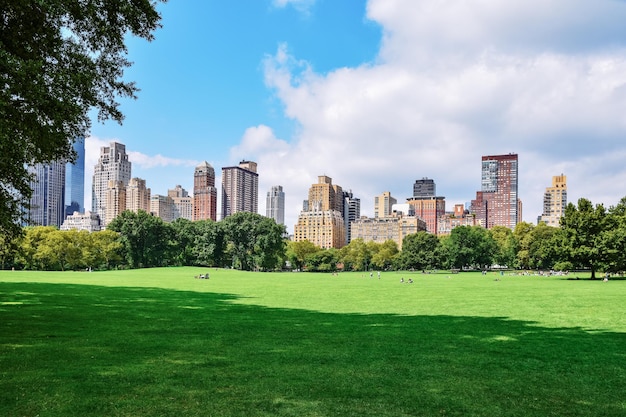 People relaxing and enjoying of a sunny day in Central Park NYC skyline in the background Free time leisure and travel concept New York City United States