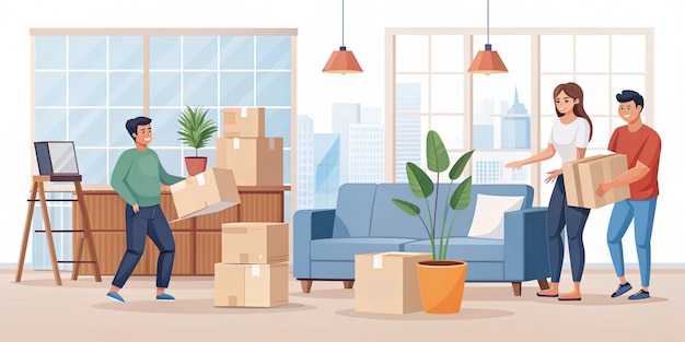 Photo people relocating to new apartment flat vector illustration man and woman cartoon characters packing belongings young couple unpacking furniture in living room