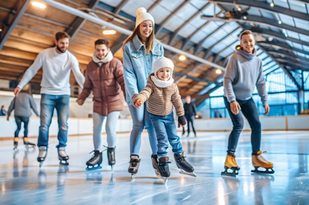 people ride on an indoor ice rink in summer clothes