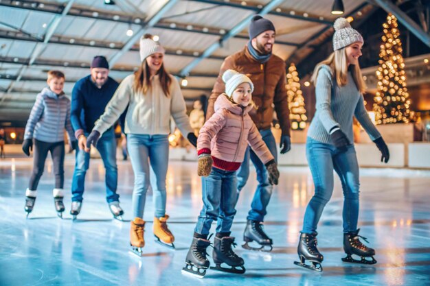 Photo people ride on an indoor ice rink in summer clothes