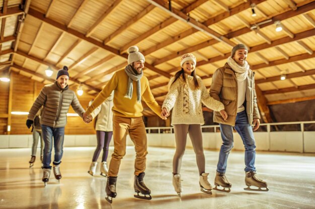 Photo people ride on an indoor ice rink in summer clothes