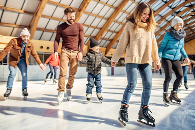 people ride on an indoor ice rink in summer clothes