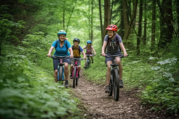 People riding bikes down a trail in the woods Generative Ai