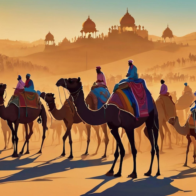 People riding camels across the vast desert landscape