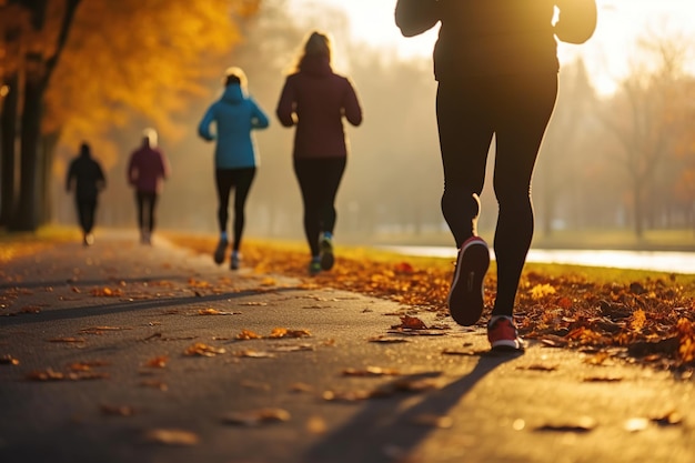 People running among autumn leaves