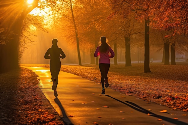 People running among autumn leaves