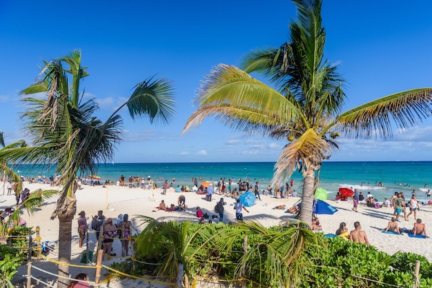 People on the sandy beach with cocos palms in Playa del Carmen Yukatan Mexico