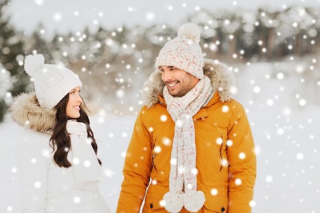 people, season, love and leisure concept - happy couple walking over winter background