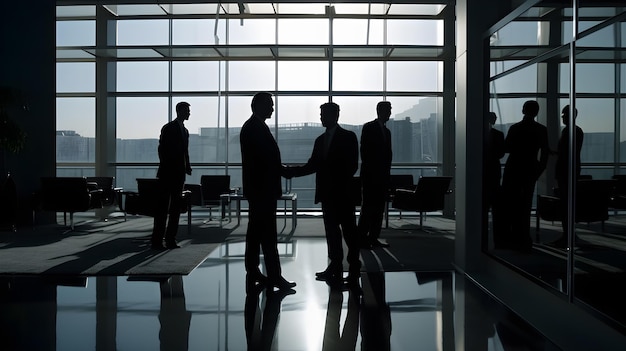 People shaking hands in an office with a city in the background