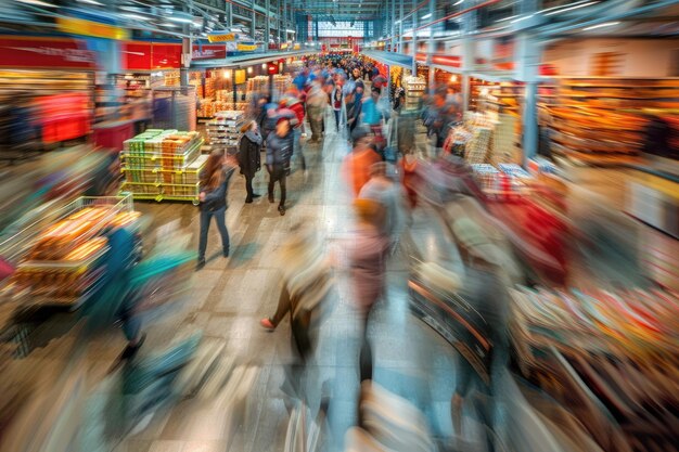 people shopping at distributor in motion blur busy hourwokrk flow