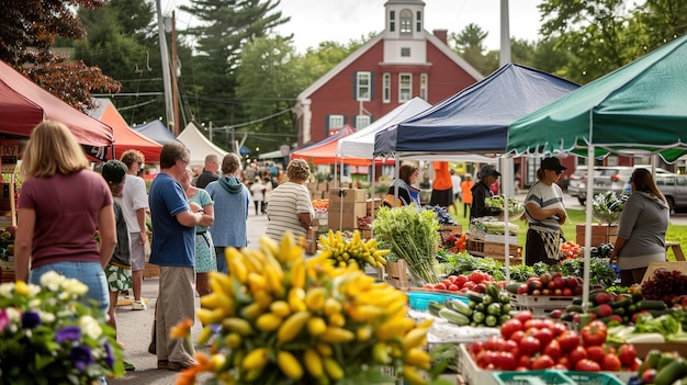 Photo people shopping at a farmers market with fresh produce and flowers in a small town