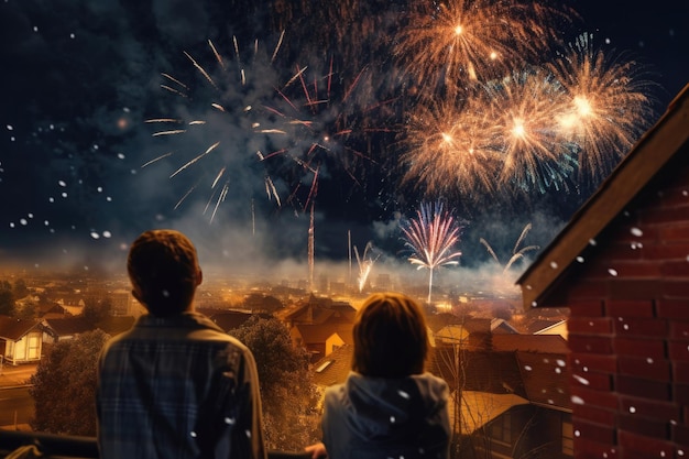 People silhouettes looking at colorful firework at night sky Generative AI