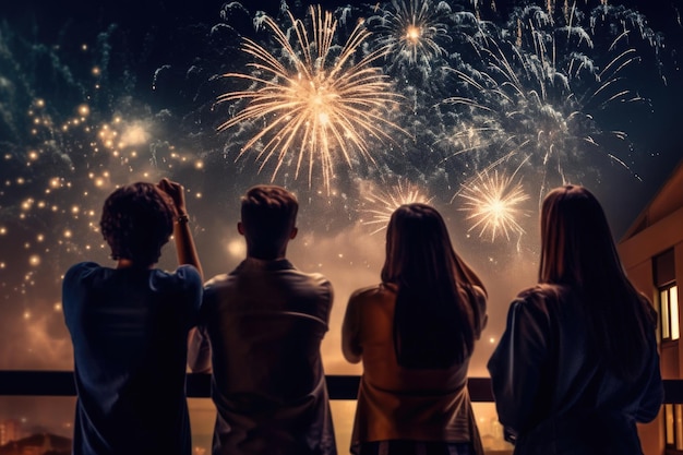 People silhouettes looking at colorful firework at night sky Generative AI