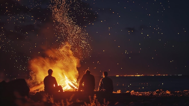 Photo people sit around a bonfire and watch the fireworks show