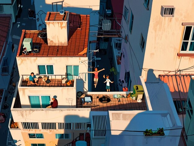 Photo people sit on a roof with a view of the city skyline