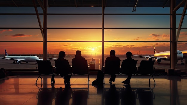 People sitting in airport chairs airplane in view through window