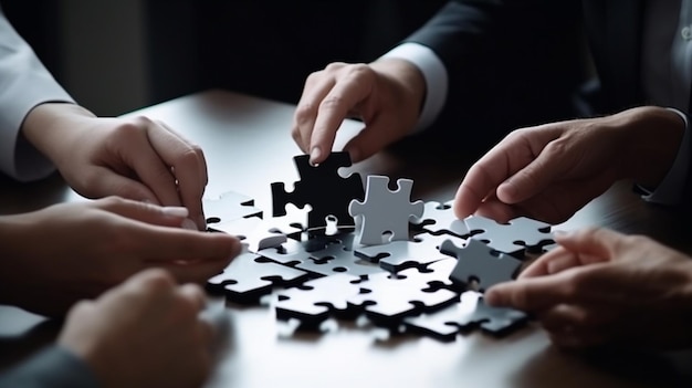 People sitting around a large puzzle with one being piece missing