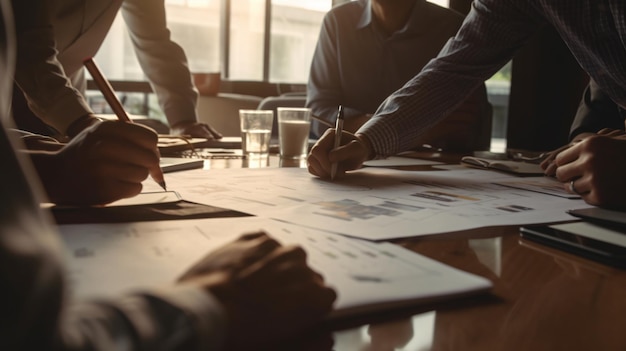 People sitting around a table discussing a chart of graphs and charts.