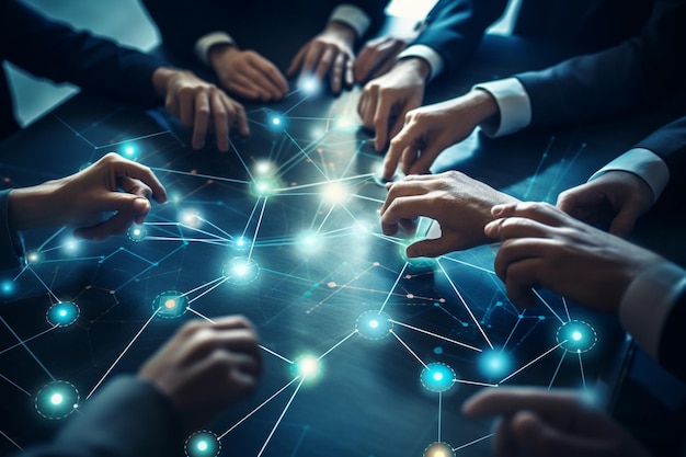 People sitting around a table with a network of dots around them