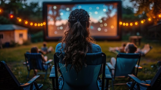 people sitting on lawn chairs and watching movie on big screen