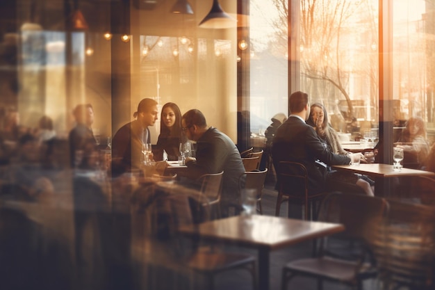 People sitting at a restaurant table, with a glass wall that says'the word restaurant'on it