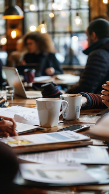 Photo people sitting at a table with coffee cups and a book on the table