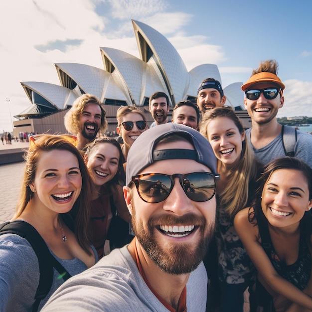 People smiling in front of Sydney Opera House in Australia