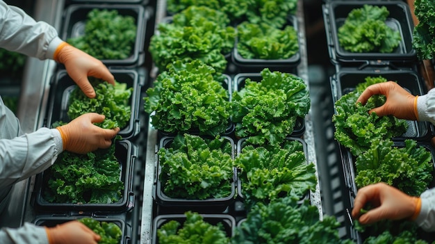 Photo people in special clothing and gloves monitor and clean the environmentally green vegetables operators sort fresh salad leaves on a conveyor belt agricultural technology