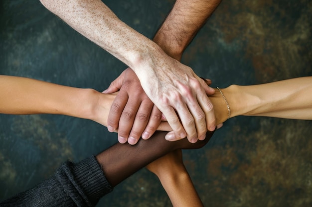 People stacking hands together over earth