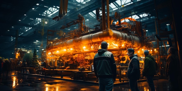 People stand at the equipment at industrial plant Numerous tubes are lit with light of yellow lamps Generative AI