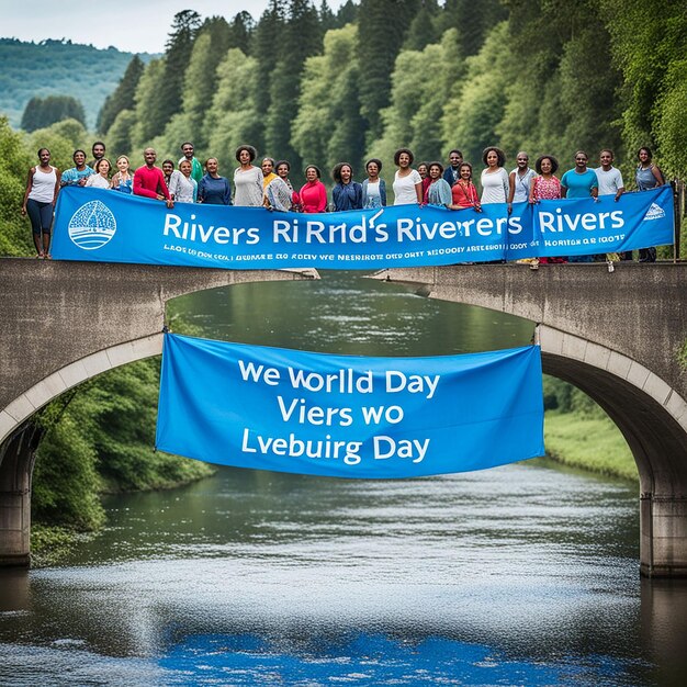 Photo people standing on a bridge with banners that sayweve never seen a river