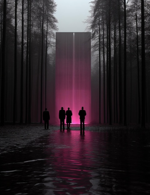 people standing in front of a pink fountain in a forest generative ai