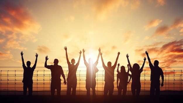 People standing in front of a sunset with the sun setting behind them