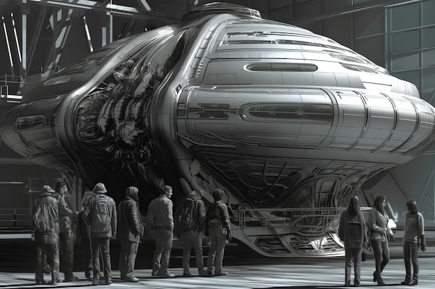 People standing in a hangar with a large jet in the background.