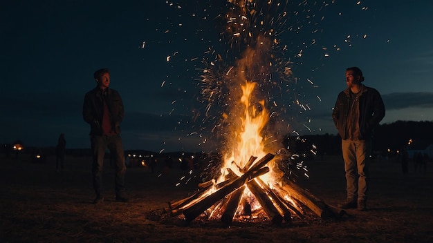 People Standing Next to Large Bonfire with Sparks Flying