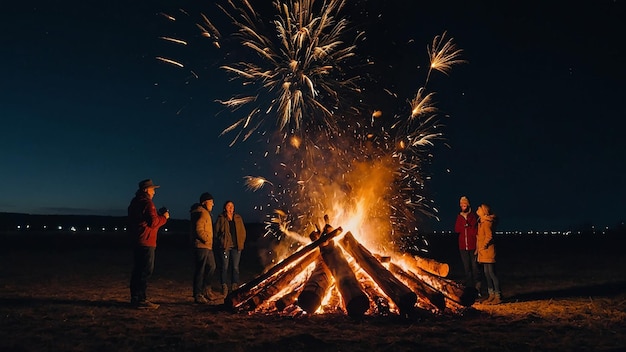 People Standing Next to Large Bonfire with Sparks Flying