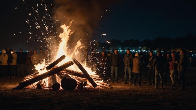 People Standing Next to Large Bonfire with Sparks Flying