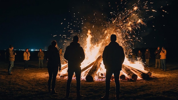 Photo people standing next to large bonfire with sparks flying