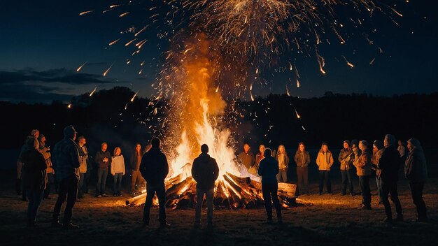 Photo people standing next to large bonfire with sparks flying