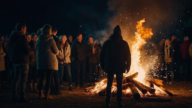 Photo people standing next to large bonfire with sparks flying