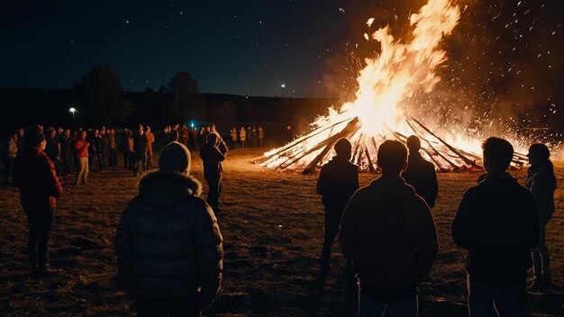 Photo people standing next to large bonfire with sparks flying