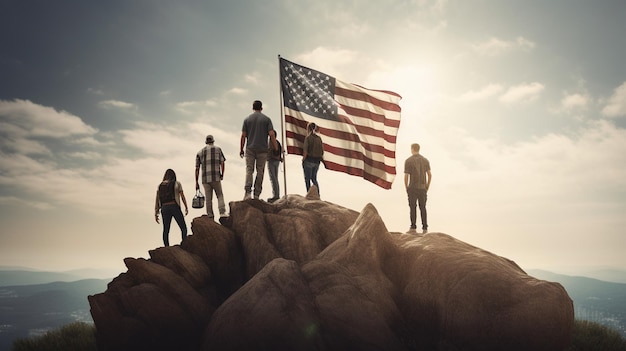 People standing on a mountain with a flag that says'american'on it