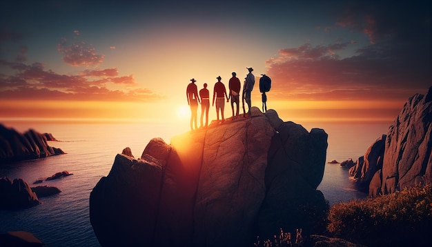 People standing on a rock looking out at the ocean at sunset