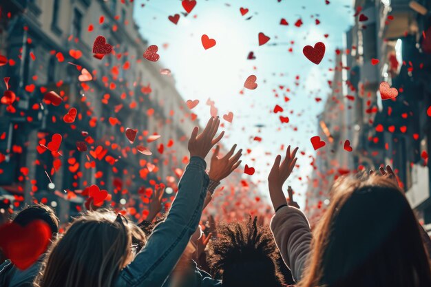 Photo people on the street celebrate valentines day with love joy pragma