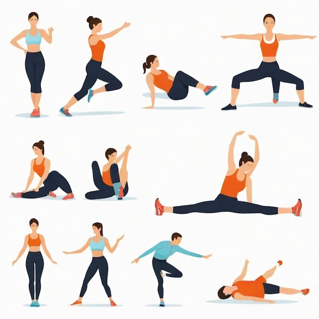 Photo people stretching before exercise cartoon vector set white background isolated