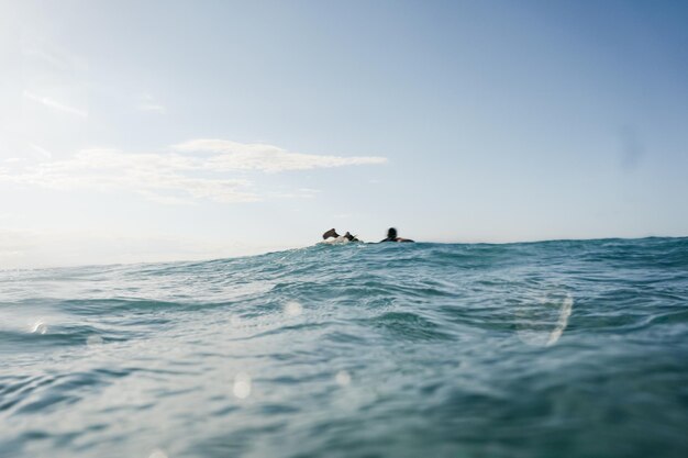 People swimming in sea against sky